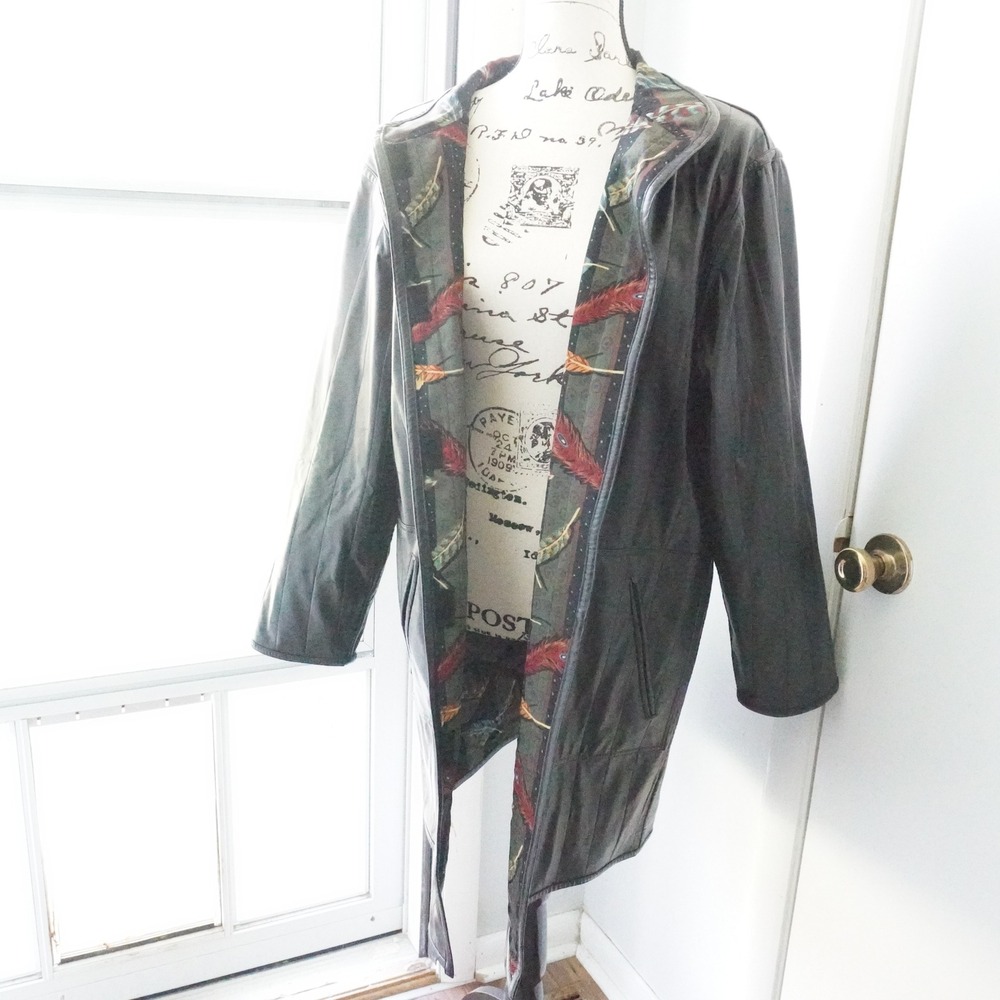 Vtg KOOS Reversible Faux‎ Leather Coat Black Olive Green Peacock Feather Indie